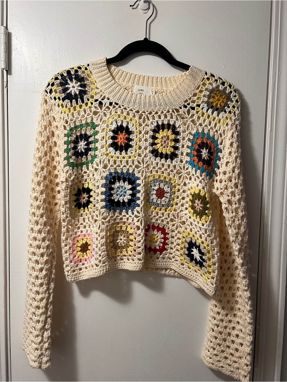 Cream Crochet Multicolor Patchwork Sweater Cropped